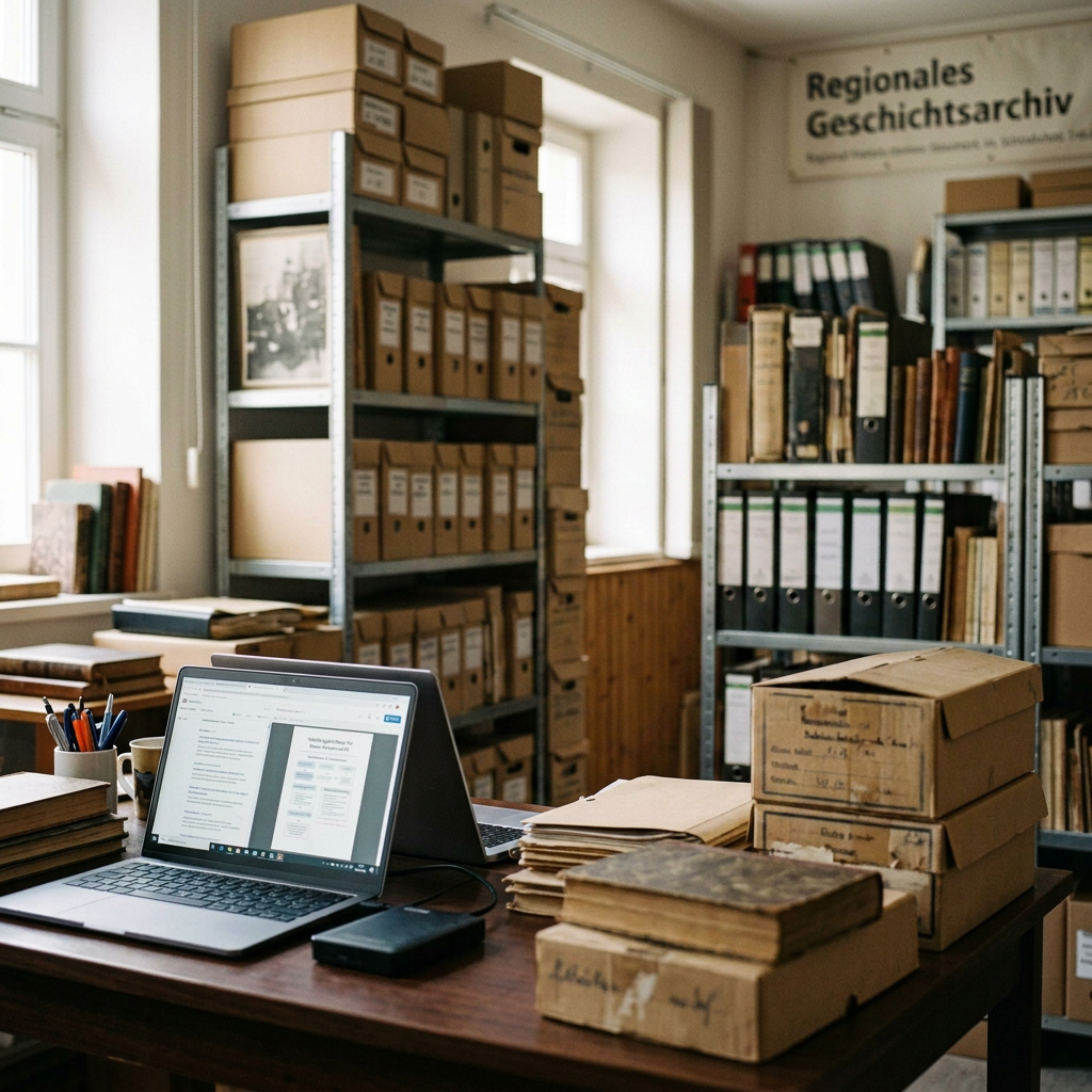 Person reviewing a printed document in archive office surrounded by folders and books